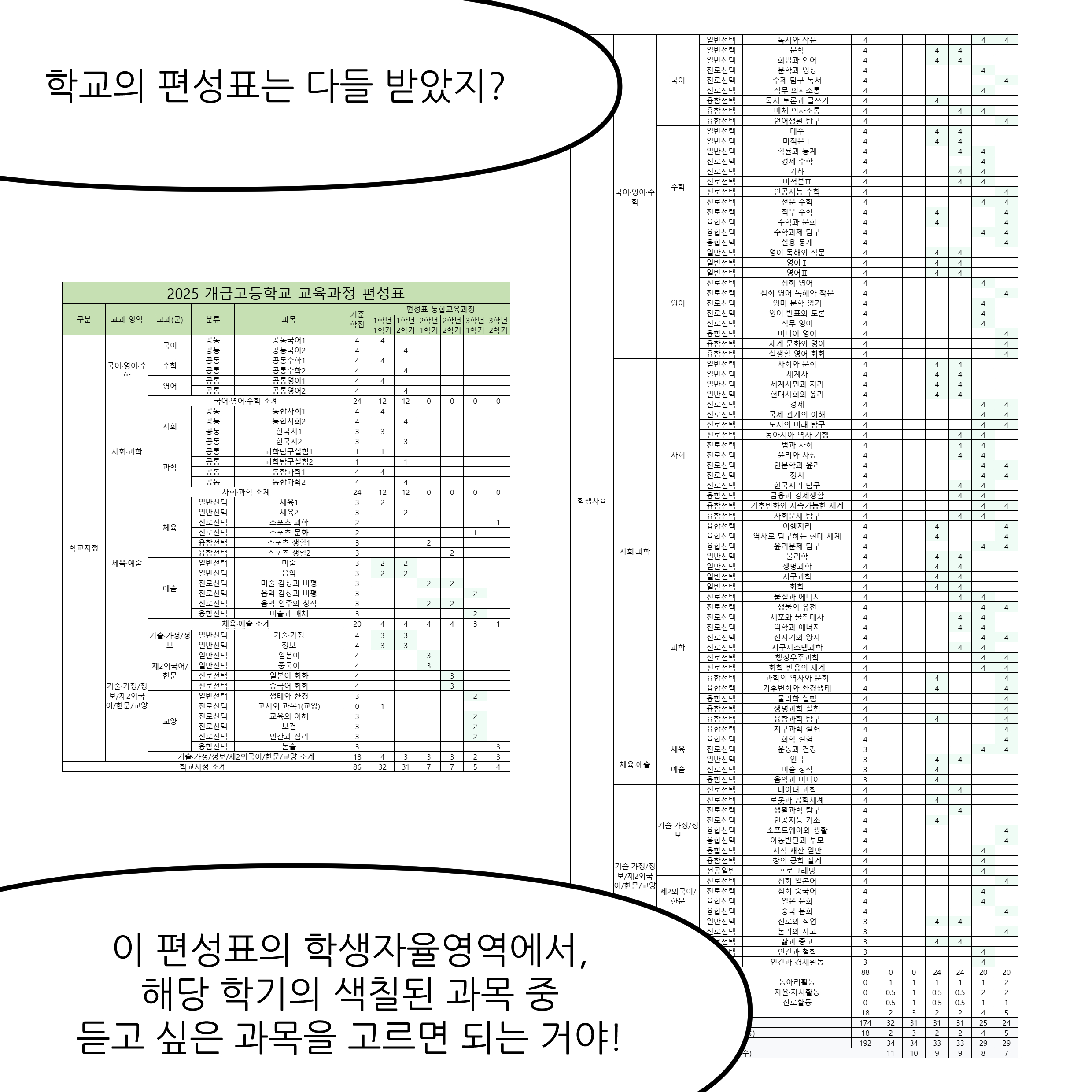 학교의 편성표는 다들 받았지? 이 편성표의 학생자율영역에서, 해당 학기의 색칠된 과목 중 듣고 싶은 과목을 고르면 되는 거야!